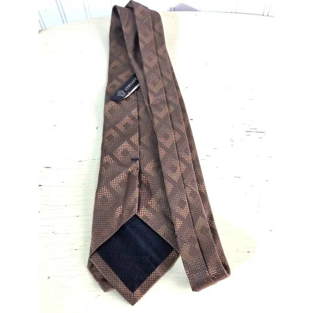 Versace Silk Tie Brown Geometric Medusa Logo Italy Designer Luxury Necktie Class